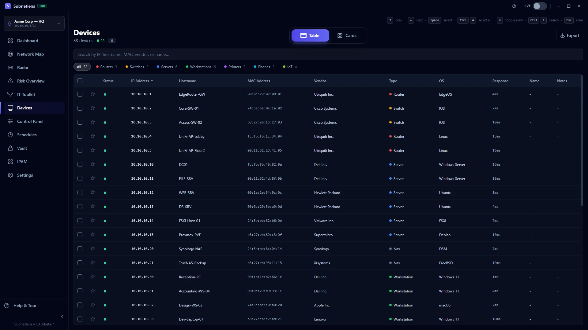 Subnetlens Devices page showing classified devices, ports, service versions, and evidence columns.