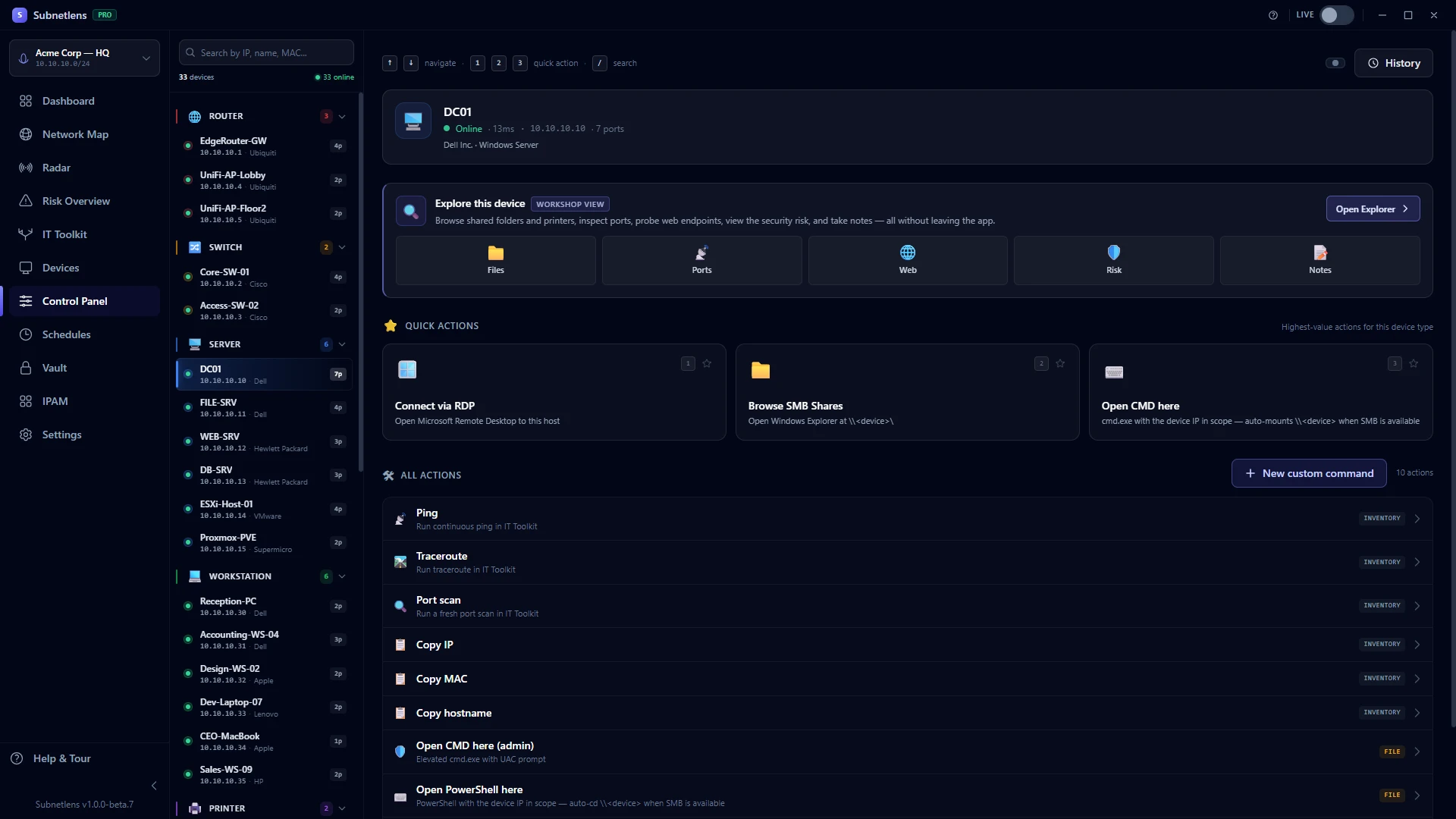 Subnetlens Control Panel screen.