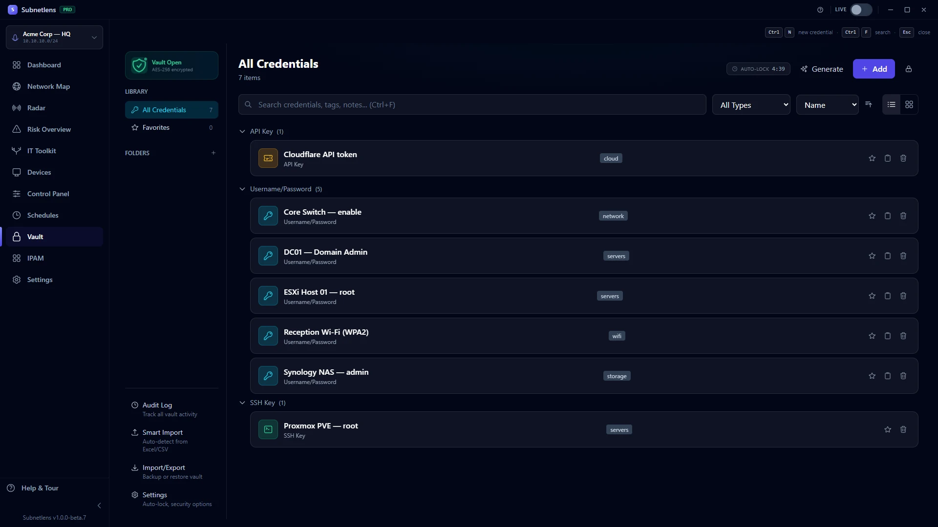 Subnetlens encrypted vault screen.